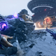 The player uses their left hand to teleport through a snowy rock pass, while aiming their gun at an enemy in the distance. A massive radio dish looms overhead.